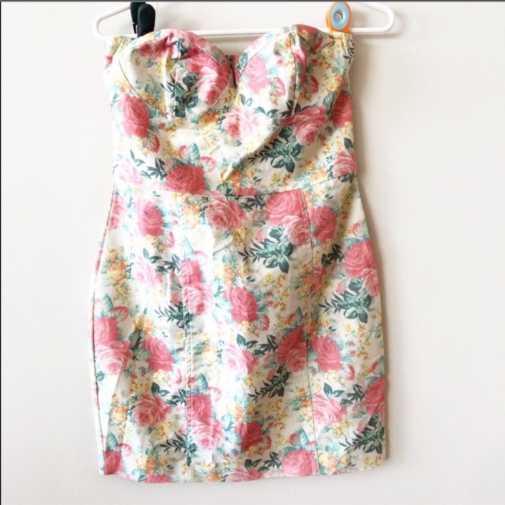 As U Wish Floral Denim Strapless Mini a Dress - Picture 1 of 7